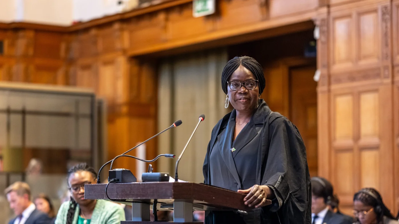 Phoebe Okowa delivering a presentation at the ICJ in The Hague, May 2025 (ICJ website)