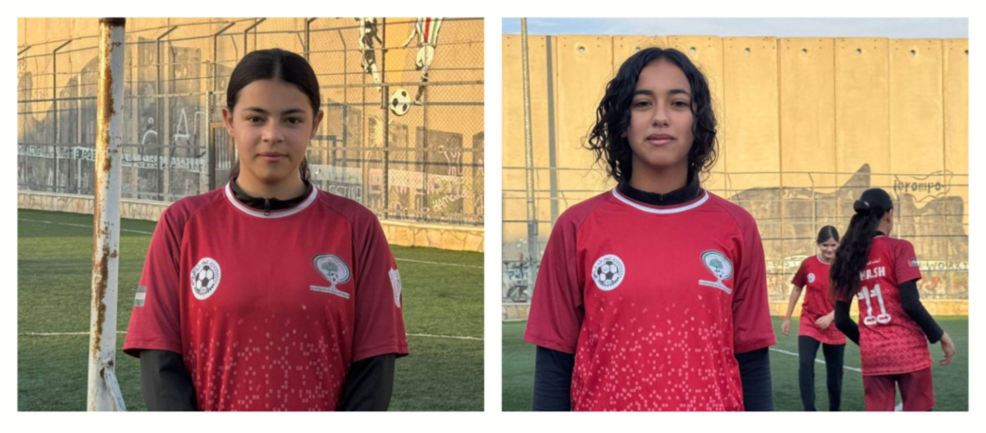 Footballers Salma al-Azzam (L) and ​Noor Abu Ghuneia (Lubna Masarwa/MEE)