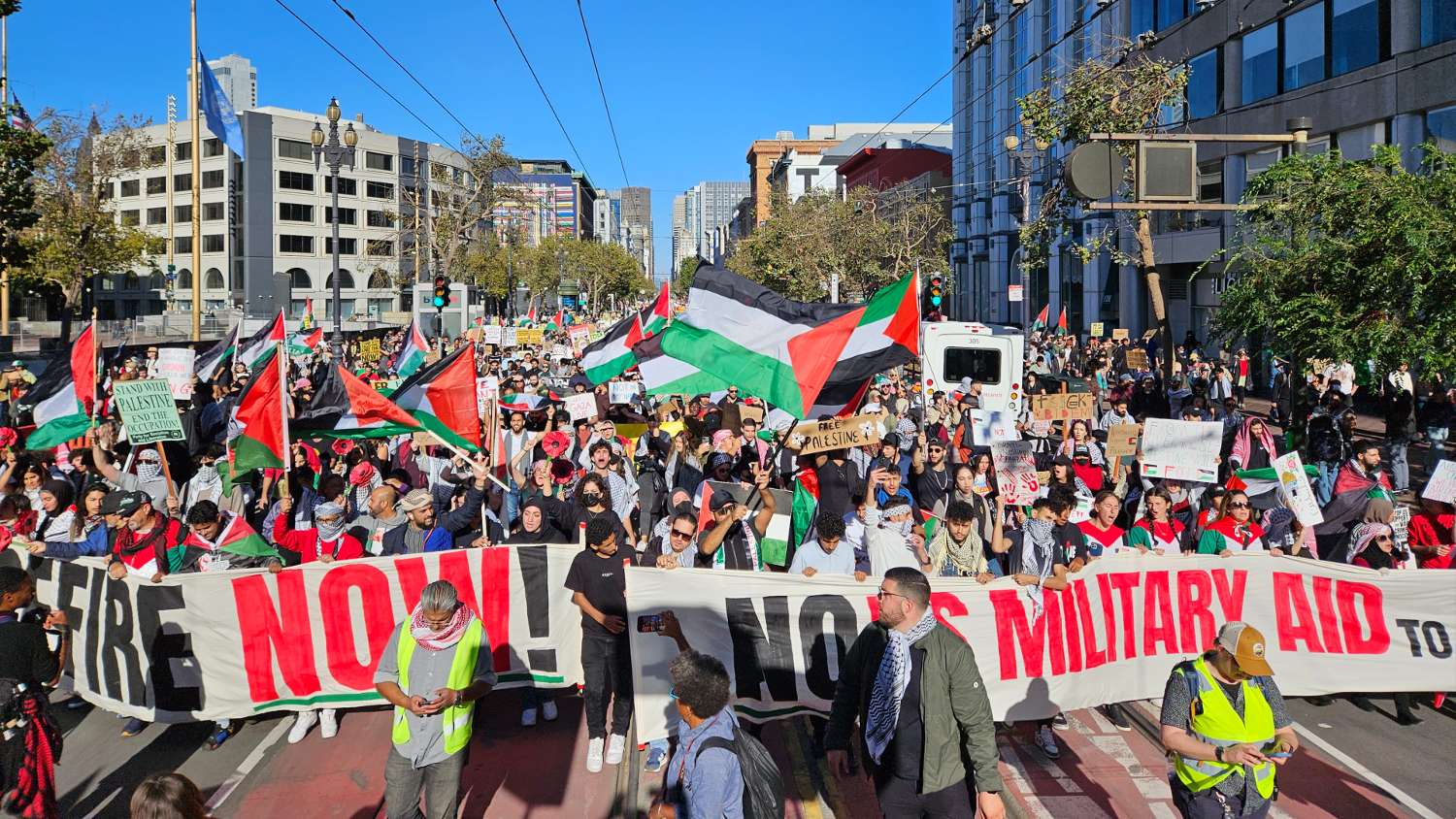 A mass protest for Palestine in downtown San Francisco.