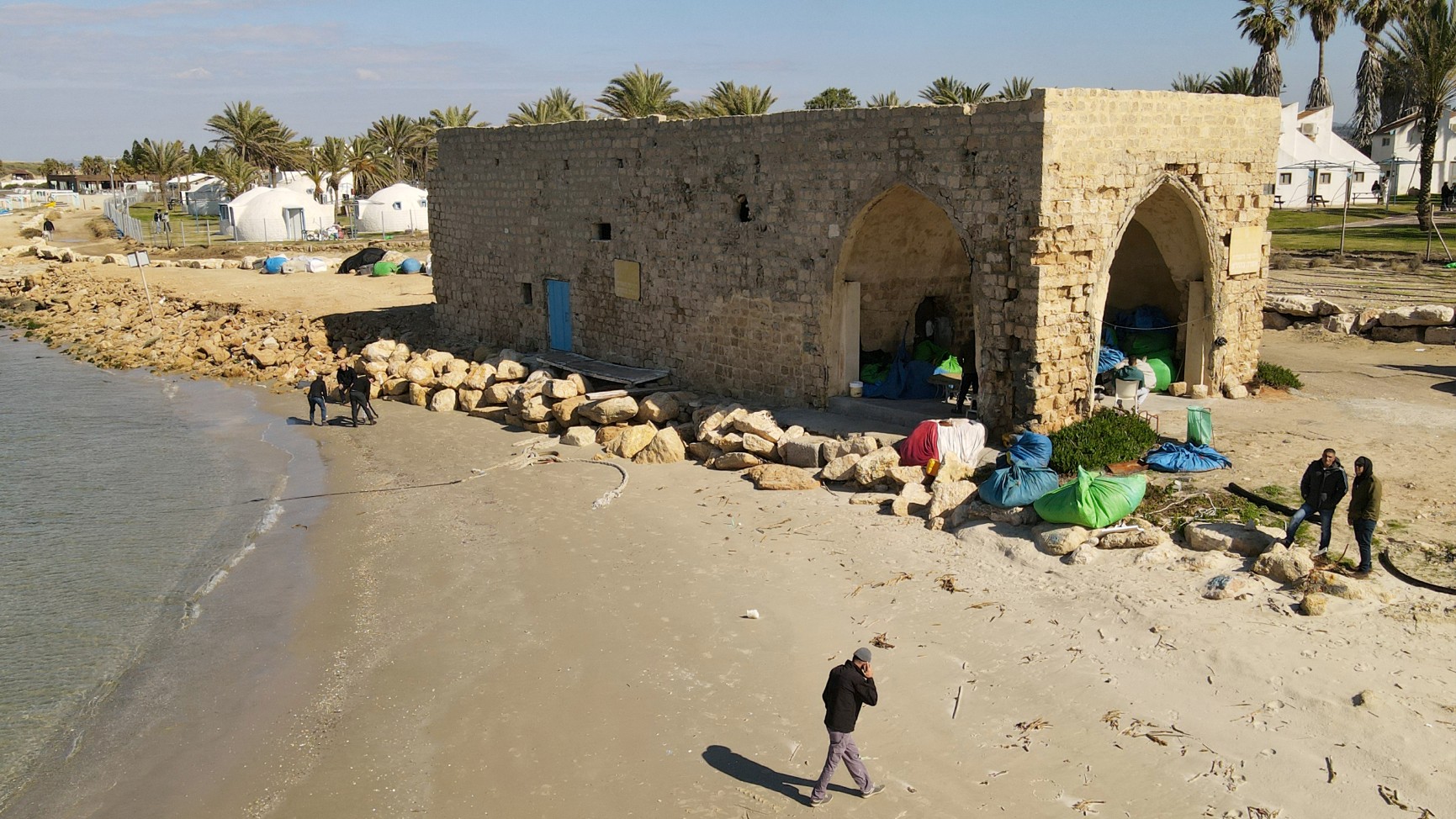an aerial view of Dor beach, built over the village of Tantura, where a massacre of Arabs took place after the surrender of the village,