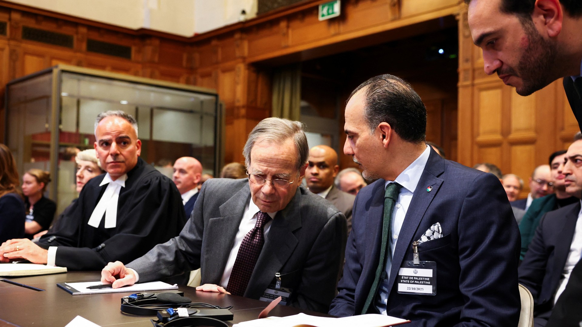 Ammar Hijazi, ambassador and permanent Palestinian representative to international organizations in the Netherlands, and Paul S. Reichler, Counsel of the State of Palestine, attend the session of the International Court of Justice (ICJ) 