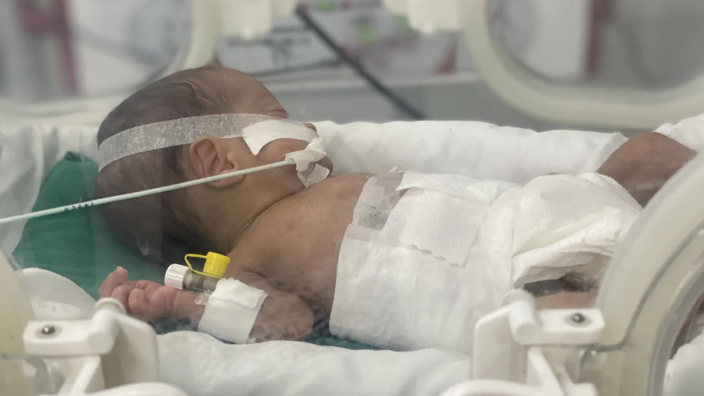 A Palestinian infant is placed in an incubator in Al-Helou Hospital, Gaza City, 13 July 2025 (MEE/Ahmed Dremly)