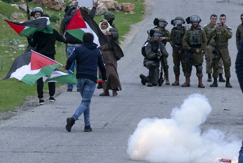 Palestinians wave national flags after a protest rejecting Israeli settlements and a controversial US-brokered plan in the Jordan Valley on 25 February (AFP)