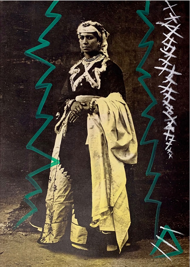 Berber woman by oil pastel, acrylic marker on archival canvas print