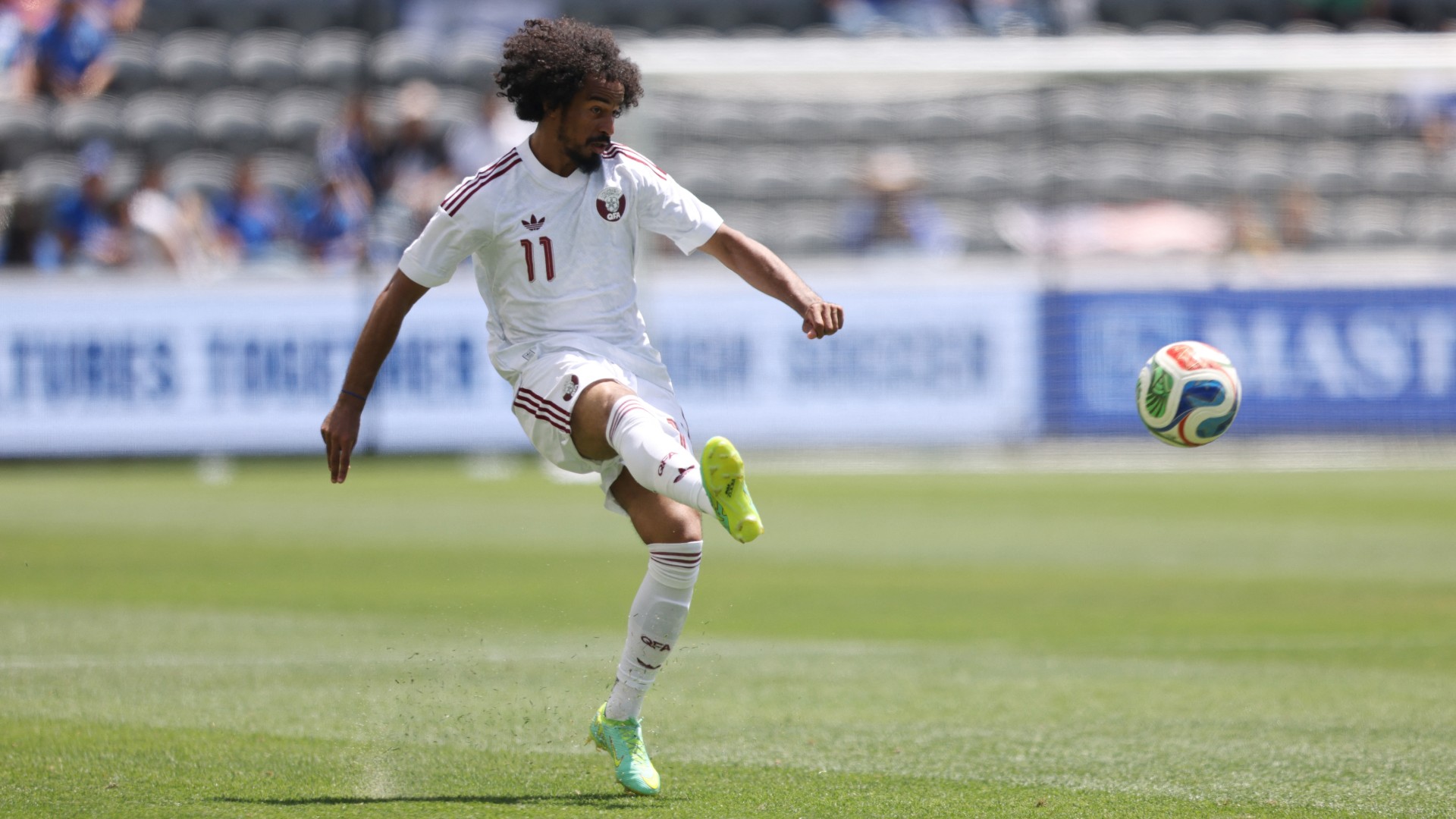 Qatar's Akram Afif plays the ball during a friendly match with El Salvador at BMO Stadium in Los Angeles, California, on 6 June 2026 (AFP/Luiza Moraes)