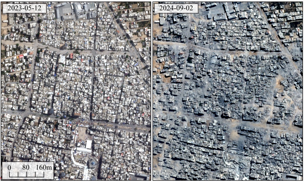 The Oregon State University study used satellite imagery to compare building destruction before (left) and after (right) the first year of the war, here in central Rafah. (Oregon State University)