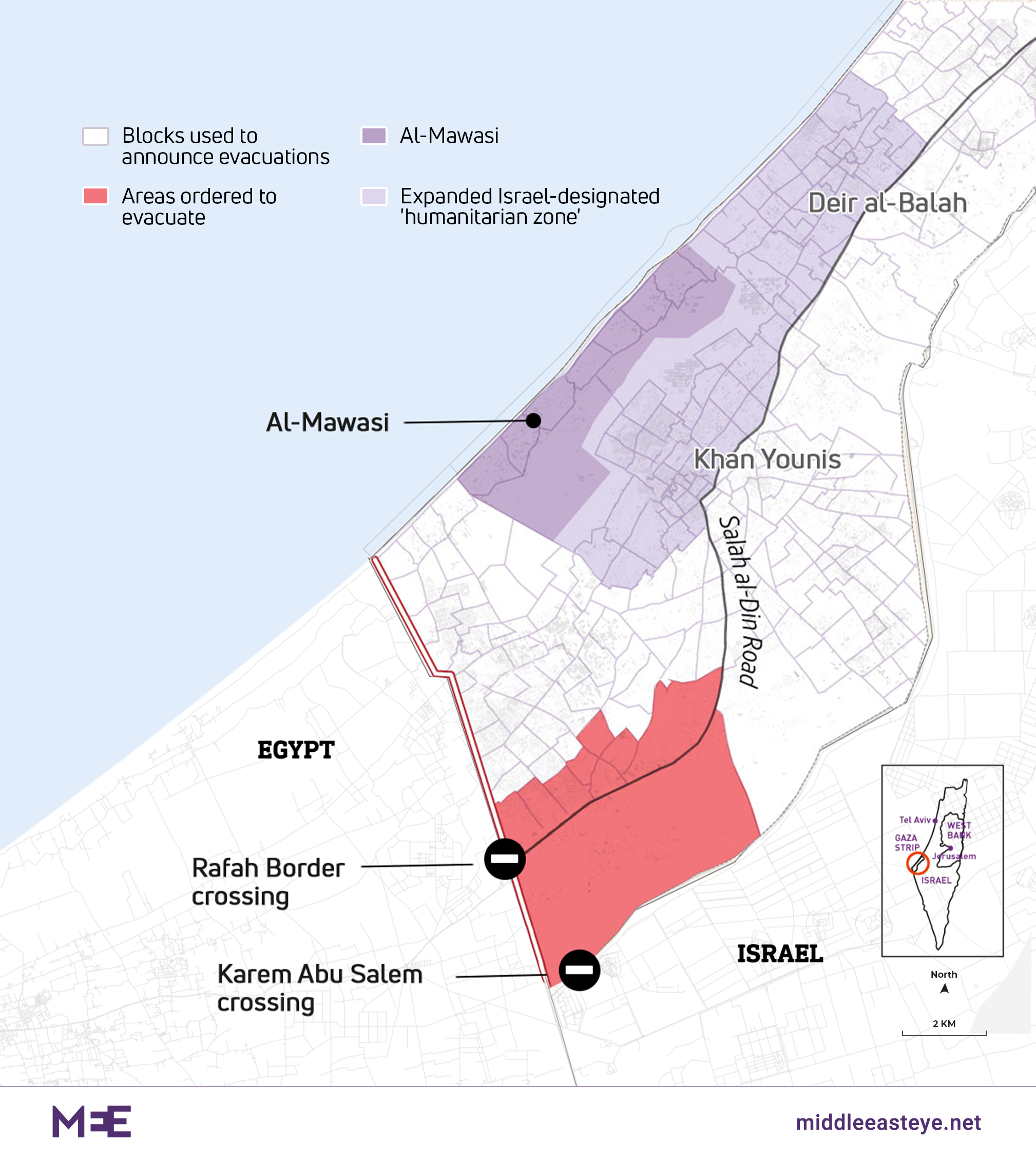 Map of displacement of Palestinians in Gaza from Rafah to al-Mawasi and elsewhere