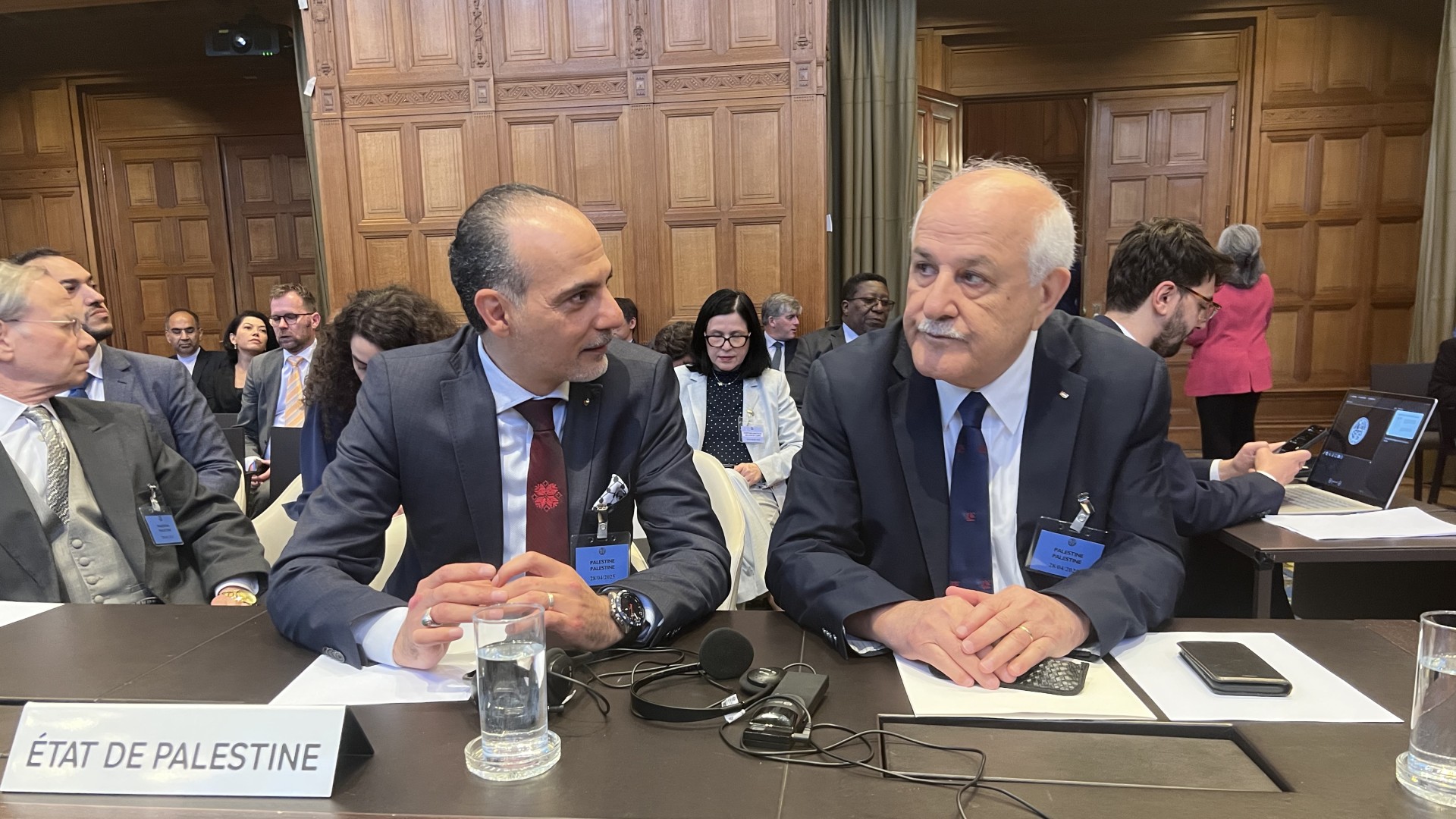 Palestinian diplomats Ammar Hijazi and RIyad Mansour at the Peace Palace, ICJ on 28 April 2025 (MEE)