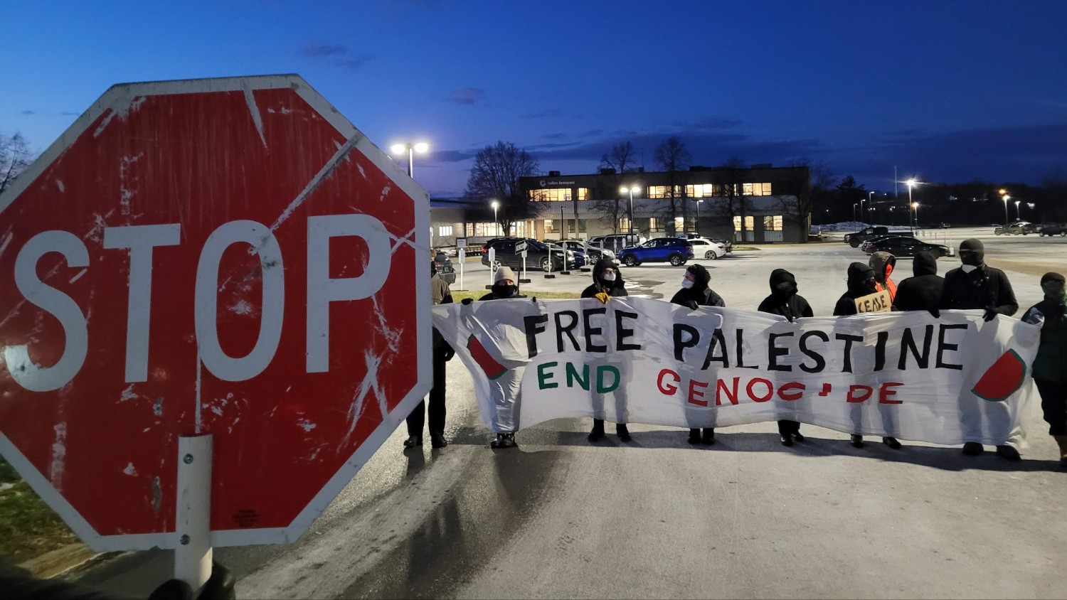 Protesters prevent workers at a local weapons manufacturing plant from entering, in protest of US weapons being sent to Israel.