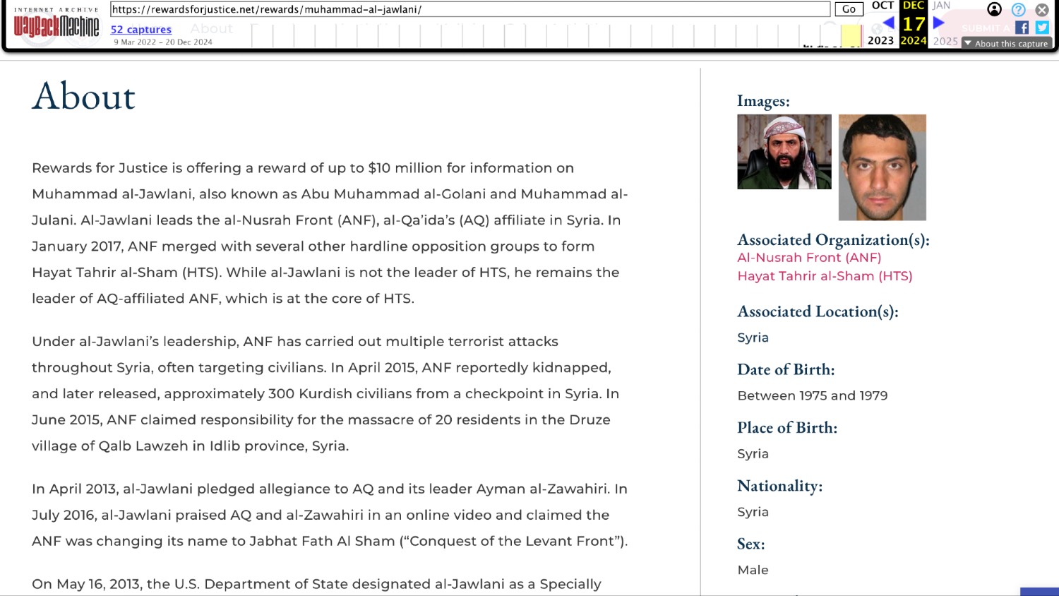 The bounty on Ahmed al-Sharaa was available on the State Department's website until 17 December 2024, according to an archive of the webpage.