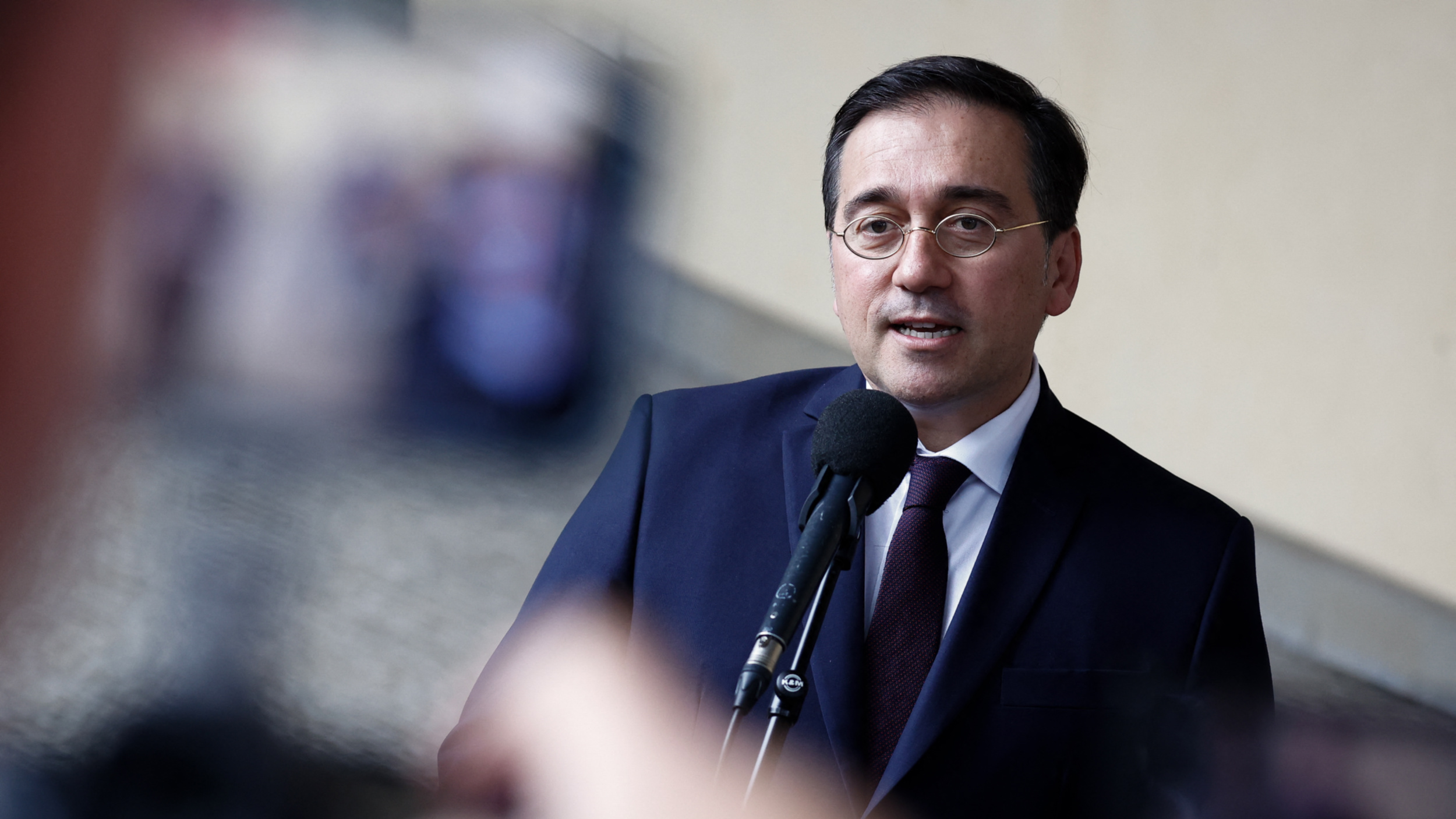 Spain's Foreign Minister Jose Manuel Albares speaks to the media before a meeting with representatives from European Commission, Britain and Gibraltar on 16 May 2024 (Kenzo Tribouillard/AFP)
