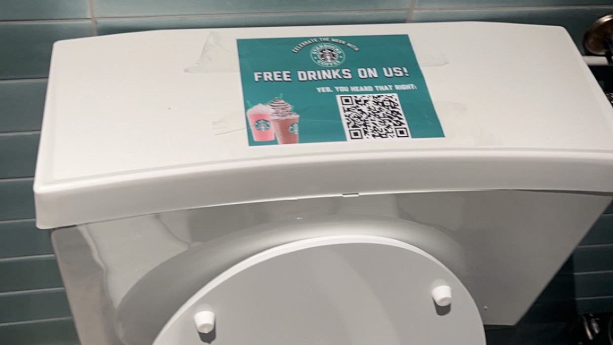 An activist placed a sticker in a bathroom inside a Starbucks location in Italy.