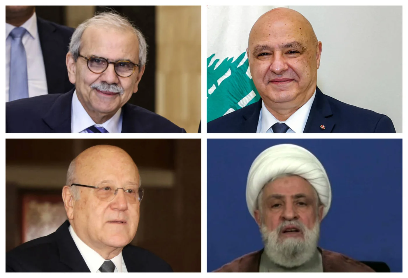 Clockwise, from top left: Lebanon prime minister Nawaf Salam, Joseph Aoun, Hezbollah leader Naim Qassem and former PM Najib Mikati (AFP)