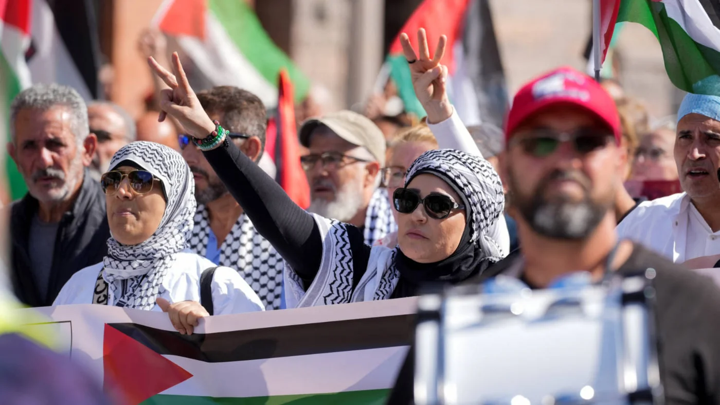 Demonstrators protest as part of “All of Denmark on the Streets for a Free Palestine” at Christiansborg Palace Square, Copenhagen in  August 2025 (AFP)