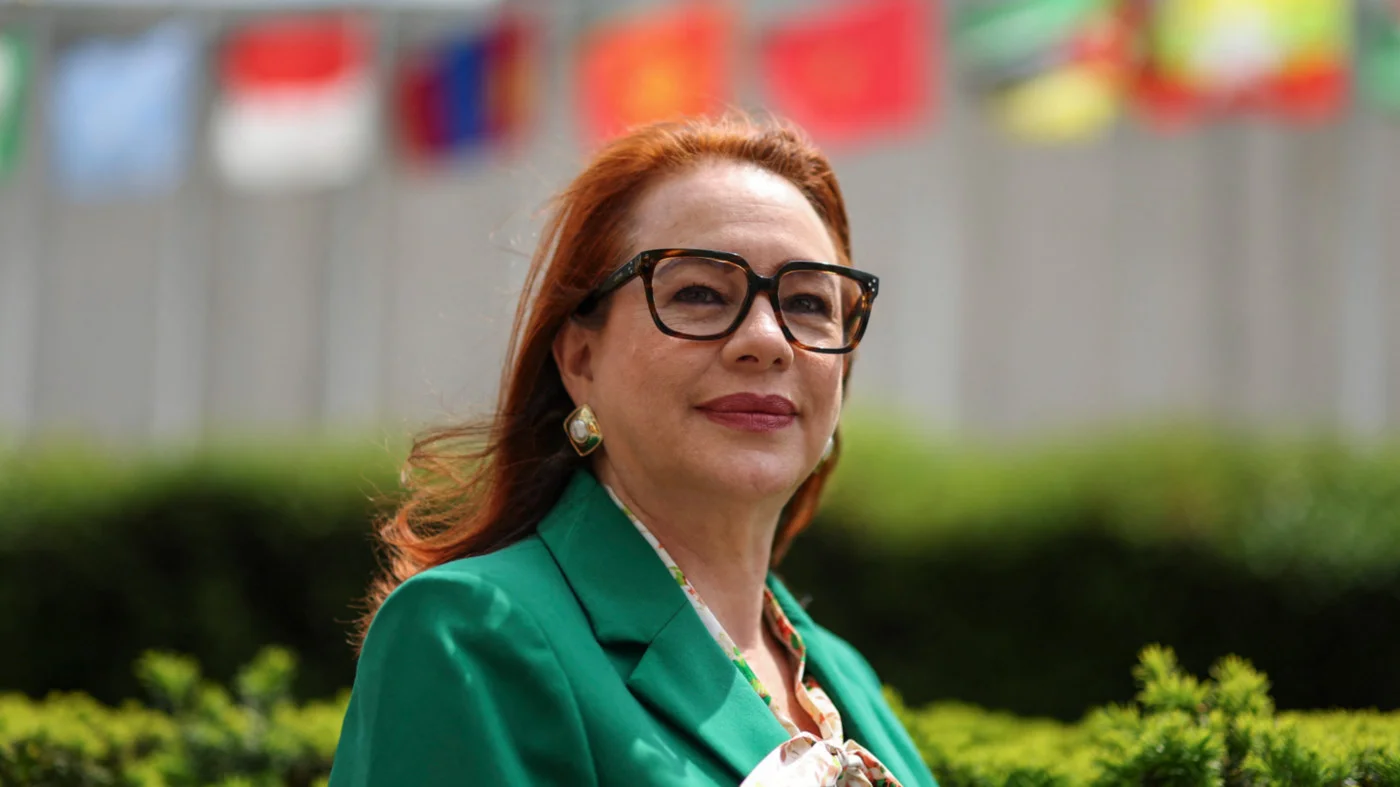 Former Ecuadorian foreign minister Maria Fernanda Espinosa outside the UN HQ in New York on 13 May 2026 (AFP) 