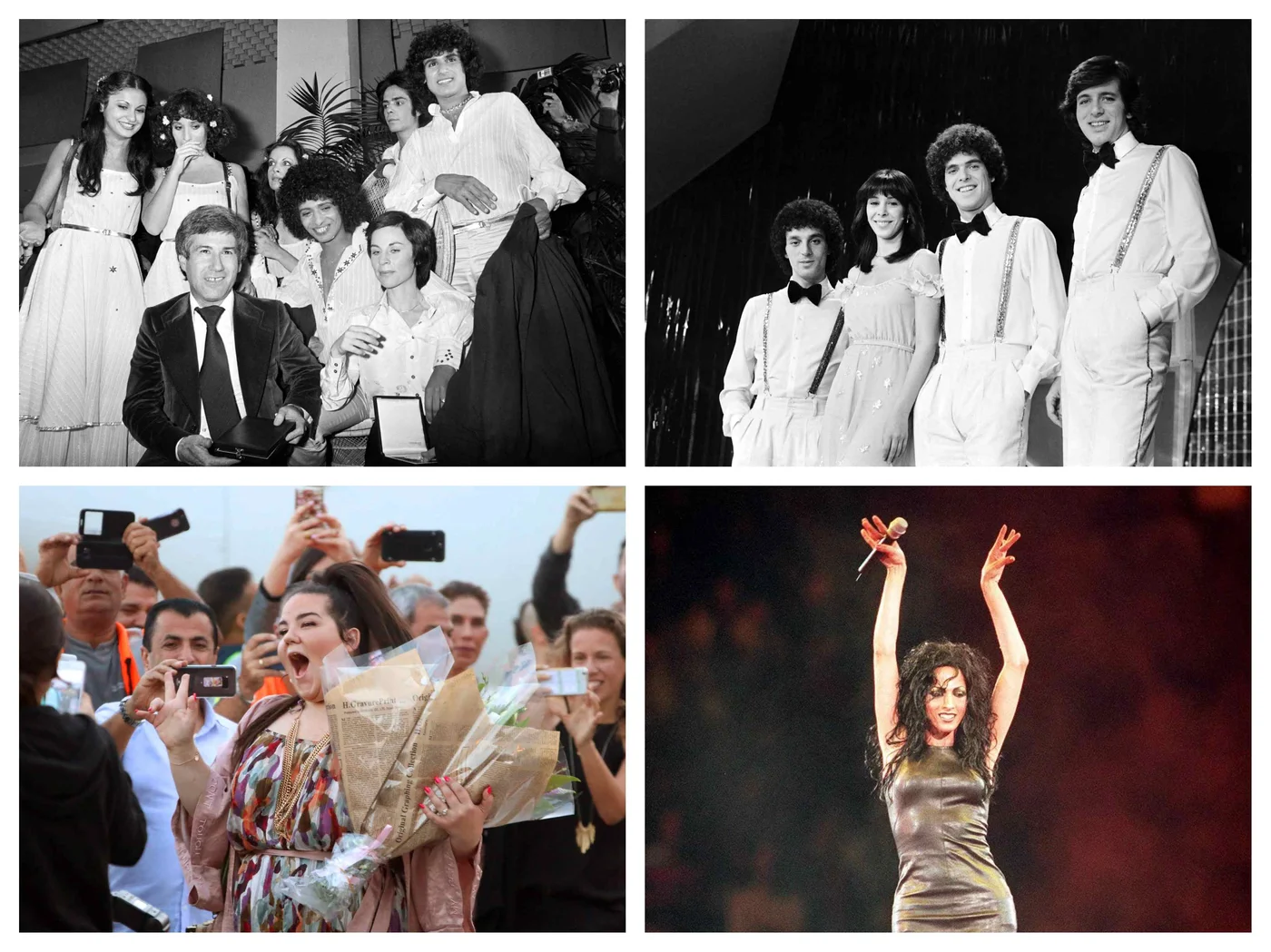 Israel's Eurovision winners from top left, clockwise: Izhar Cohen&nbsp;and the Alphabeta (1978); Milk and Honey (1979); Dana International (1998); and 2018 Netta (2018), all AFP.