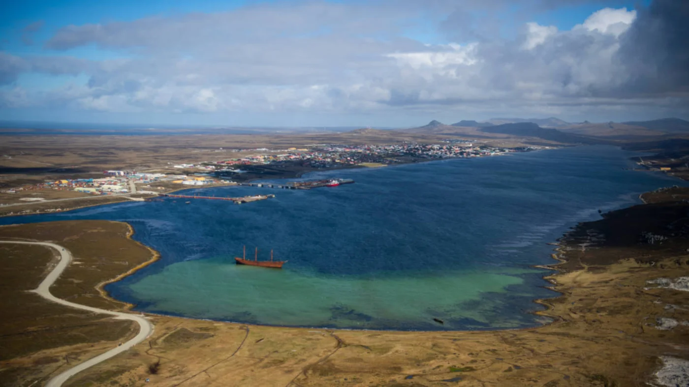 An aerial view of Stanley, Falkland Islands, the archipelago’s largest settlement, in October 2019 (AFP)