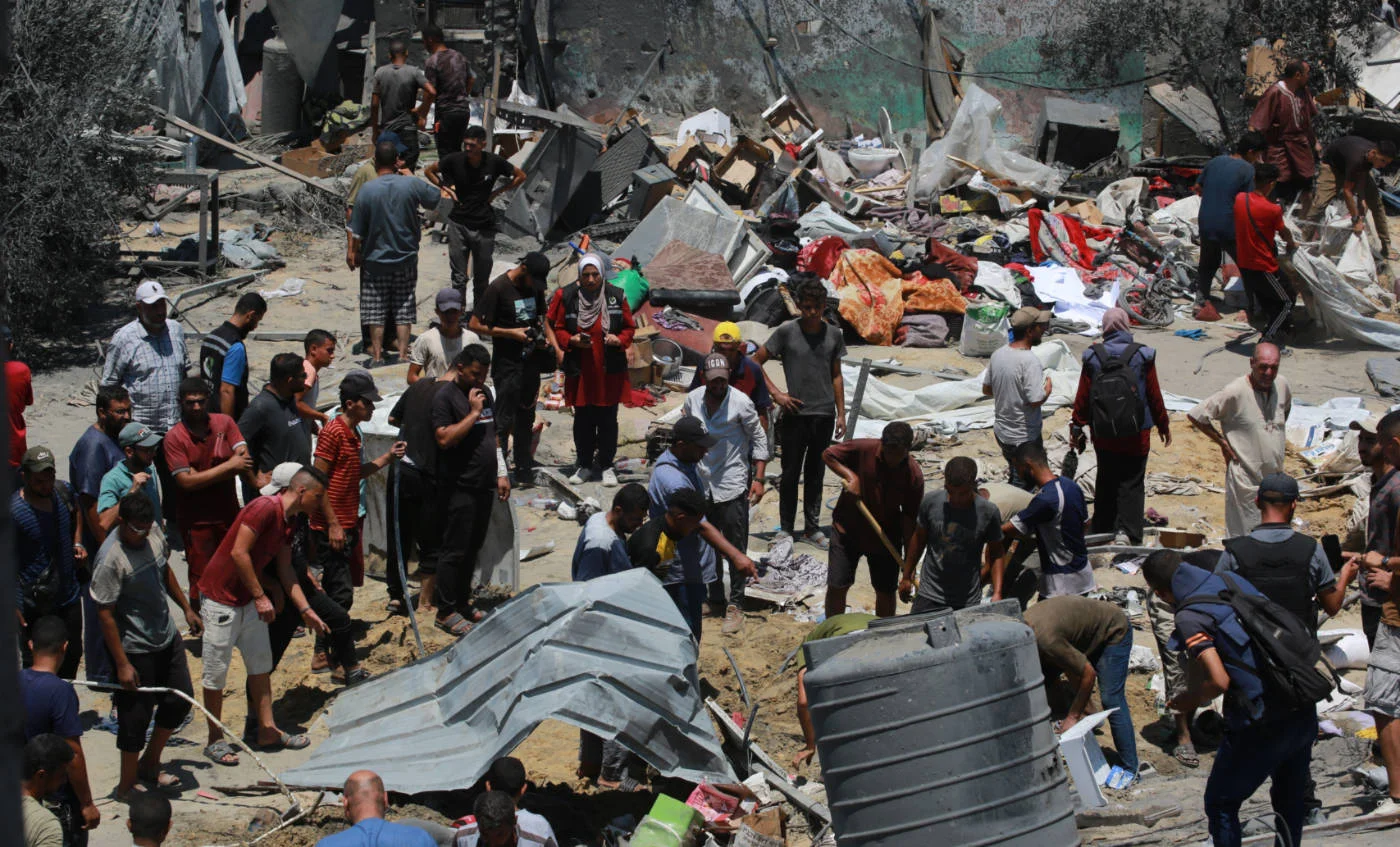 An Israeli attack on a Palestinian safe zone near Khan Yunis, Gaza, on 13 July 2024 killed dozens. Danish human rights observers say it was by an Israeli F-35 (AFP)