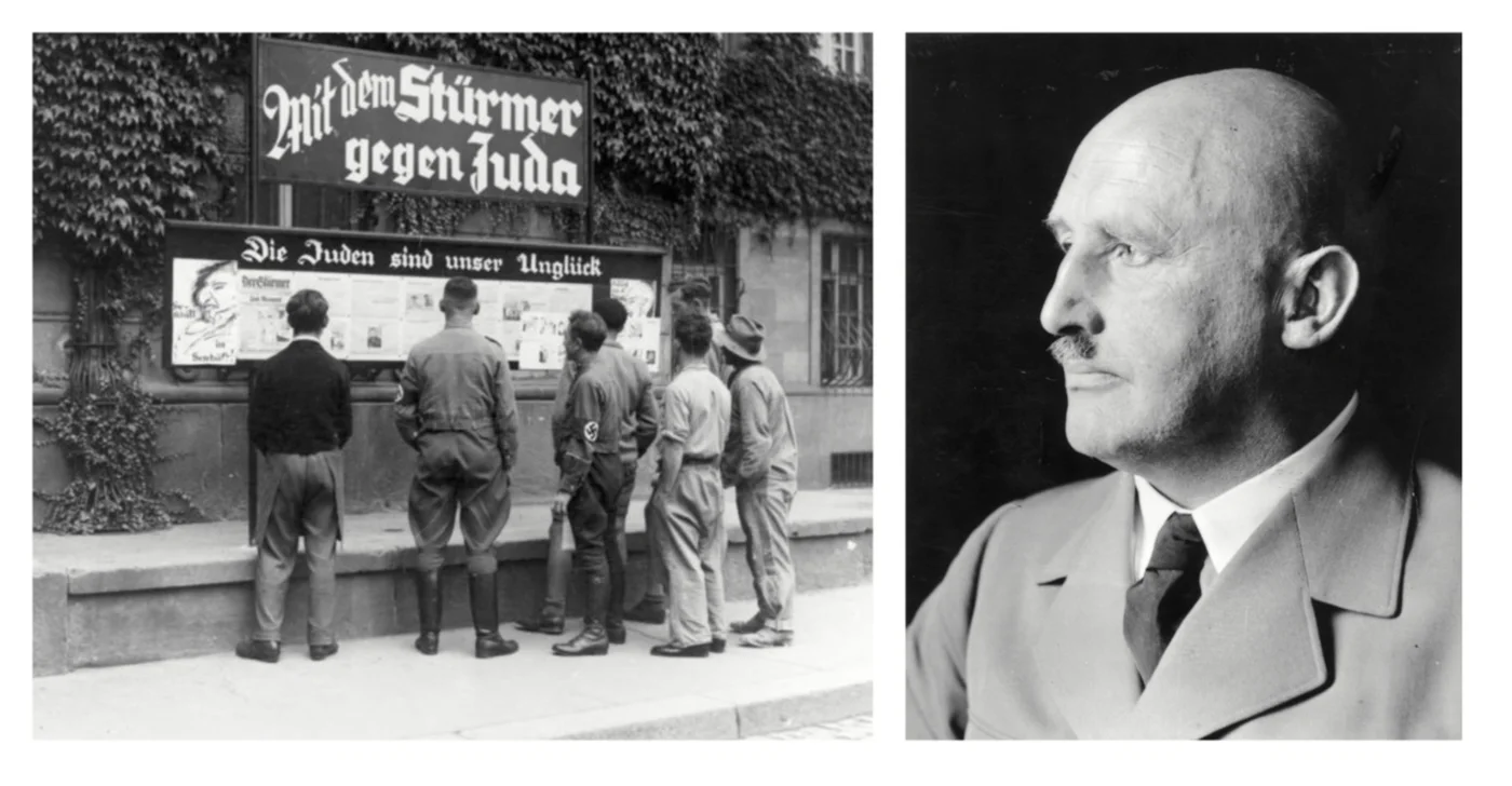 A group of men read antisemitic Nazi newspaper Der Strumer in 1930s Germany. Publisher Julius Streicher (right) was found guilty of crimes against humanity in 1946 and executed (Creative Commons).