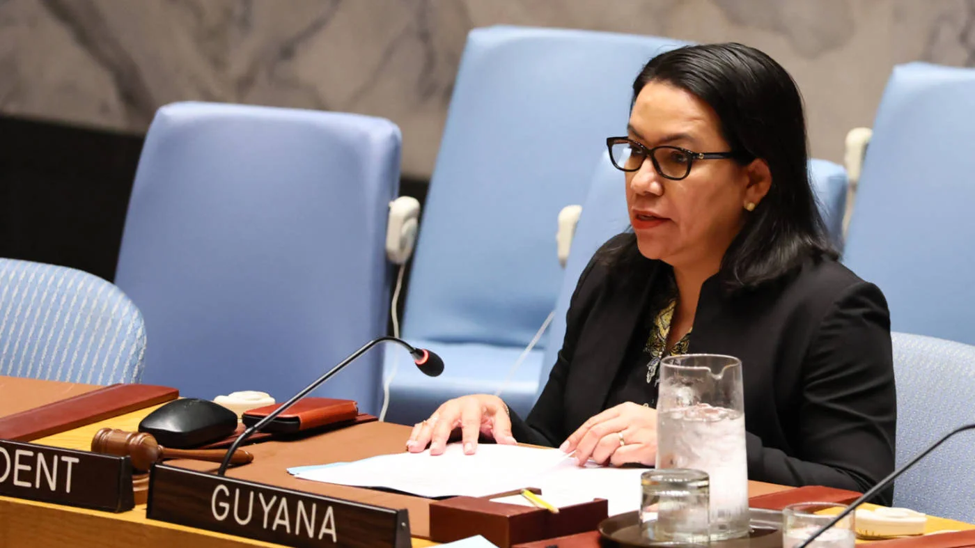 Carolyn Rodrigues-Birkett, Permanent Representative of Guyana to the UN speaks during a UNSC meeting in June 2026 (AFP) 