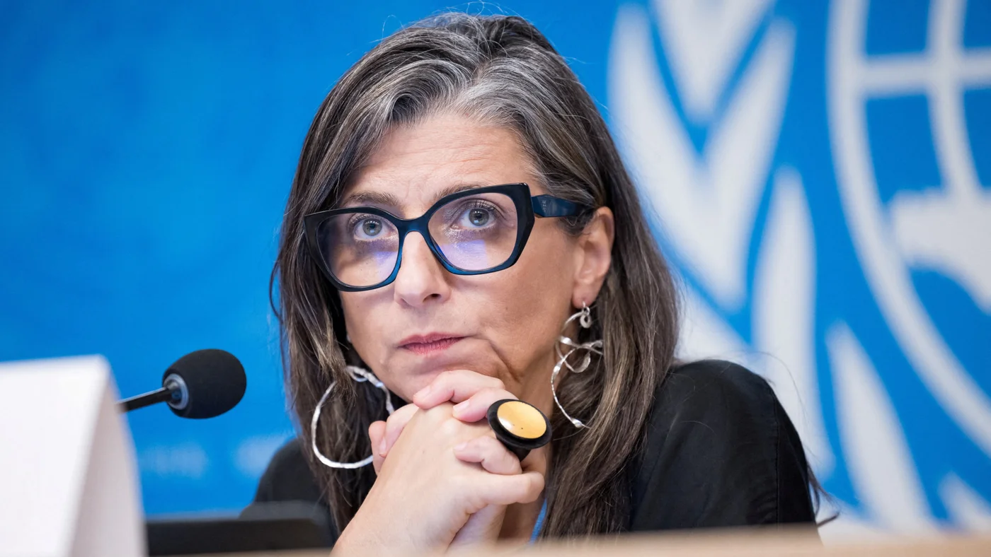 Francesca Albanese, UN Special Rapporteur for the Occupied Palestinian Territories, at UN HQ in Geneva on 15 September 2025 (Reuters)