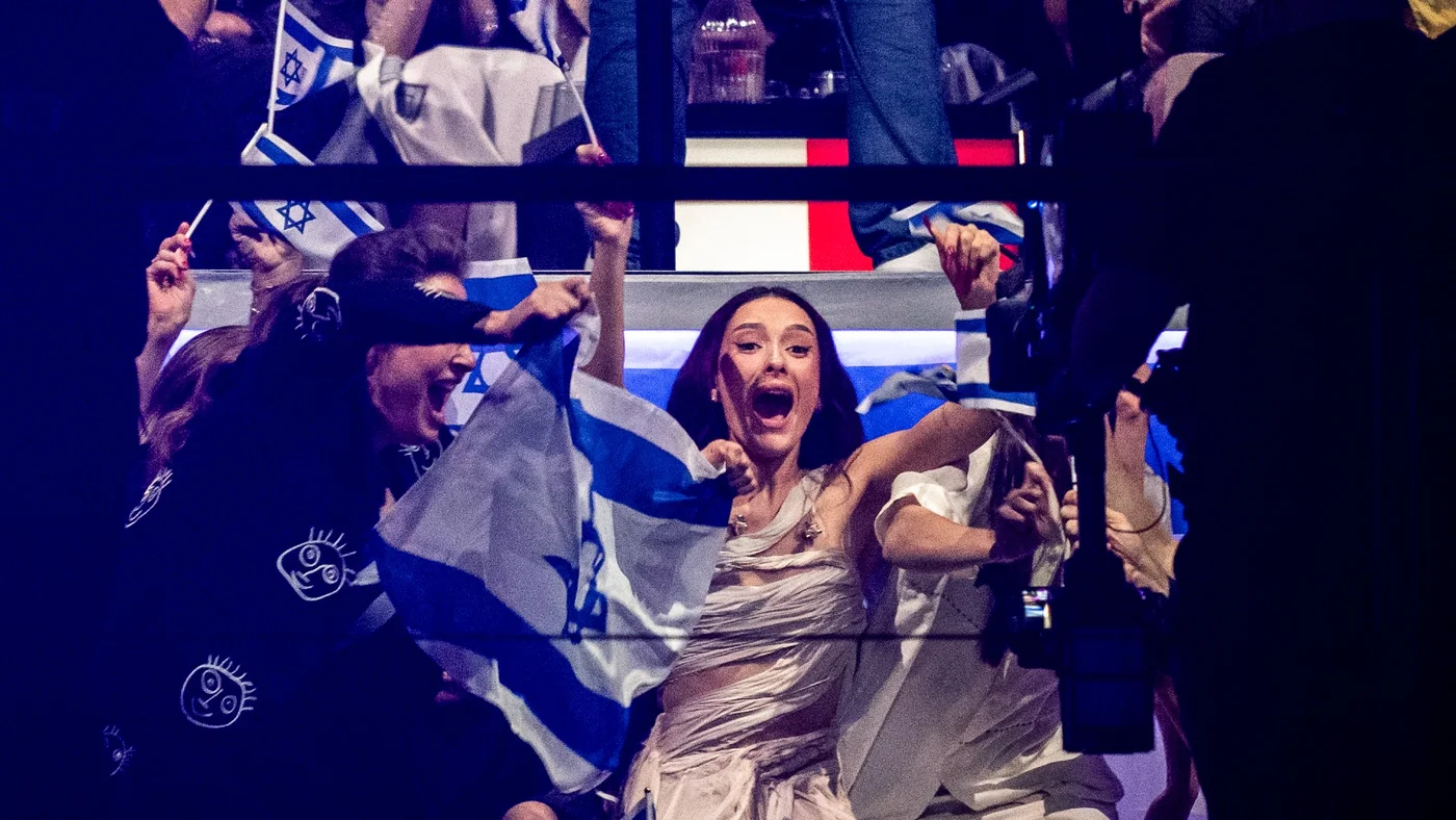 Israeli singer Eden Golan in Sweden's Malmo on 9 May 2024 reacting after reaching the final of the Eurovision Song Contest 
