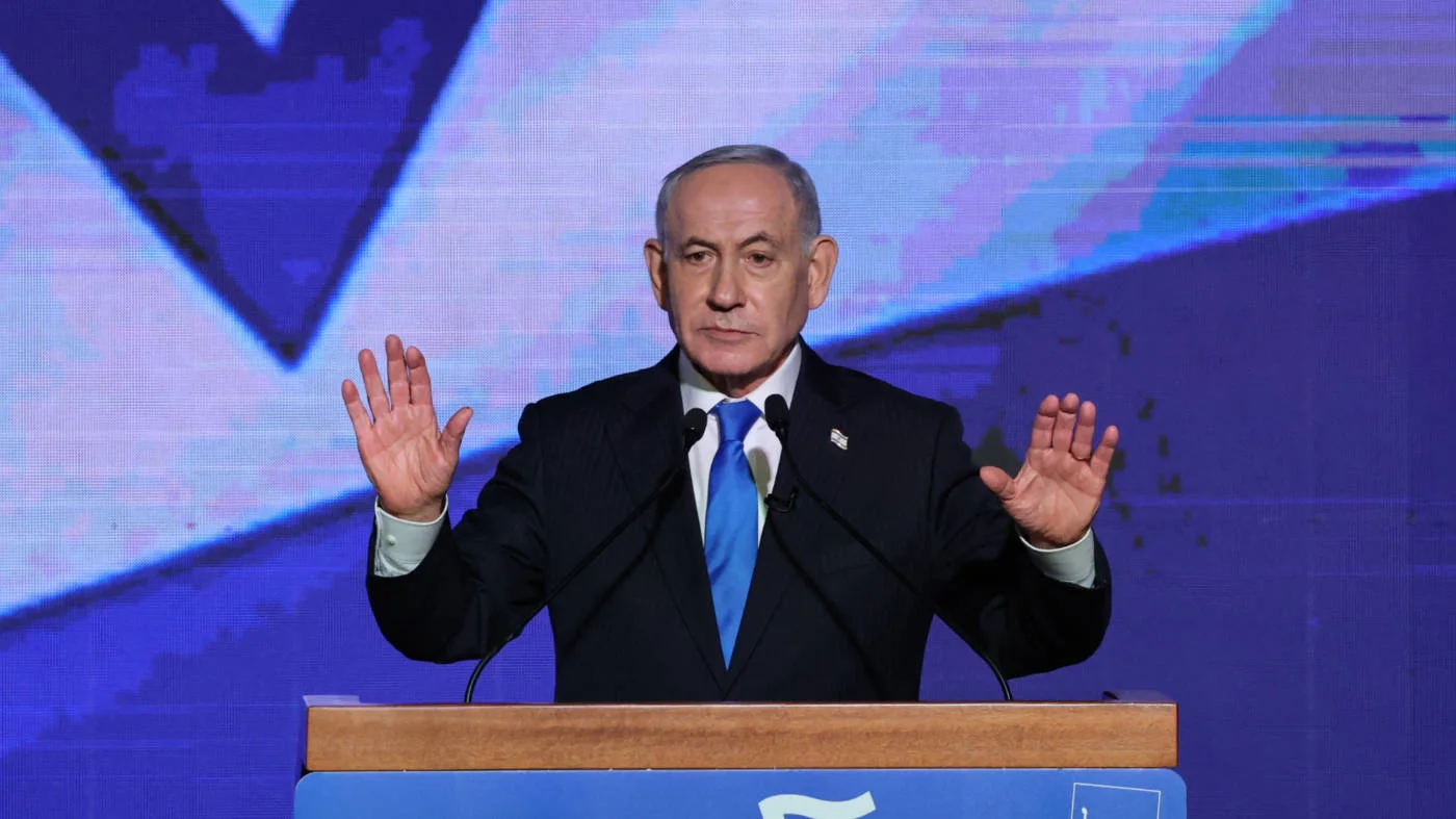 Israeli Prime Minister Benjamin Netanyahu delivers a speech to members of the Likud party in Tel Aviv on 17 September 2026 (AFP) 