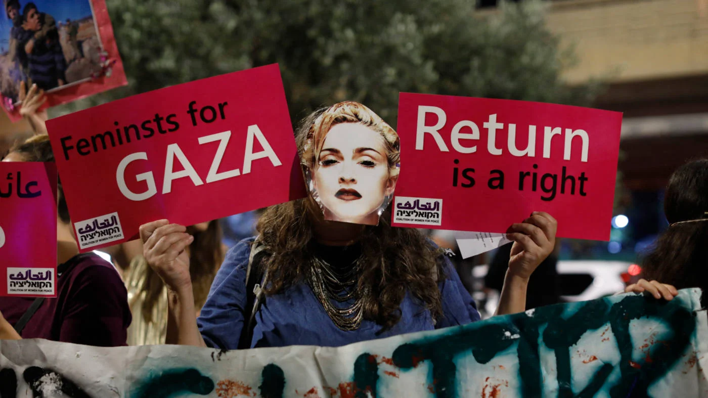 Protesters outside Eurovision in Tel Aviv in 2019, at which Madonna was the guest performer (AFP)