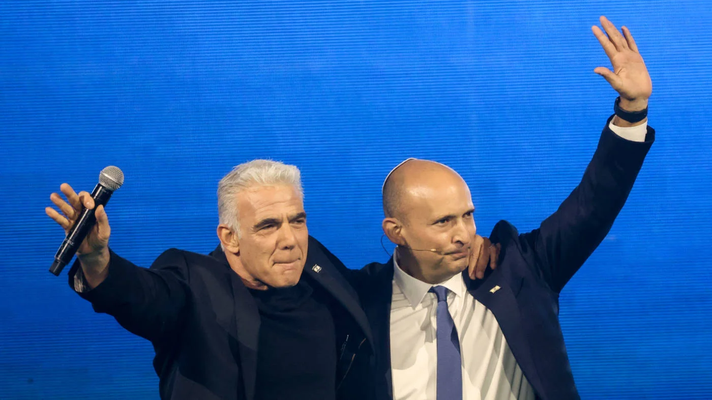 Yair Lapid, left, and Naftali Bennett hold their inaugural conference of their 