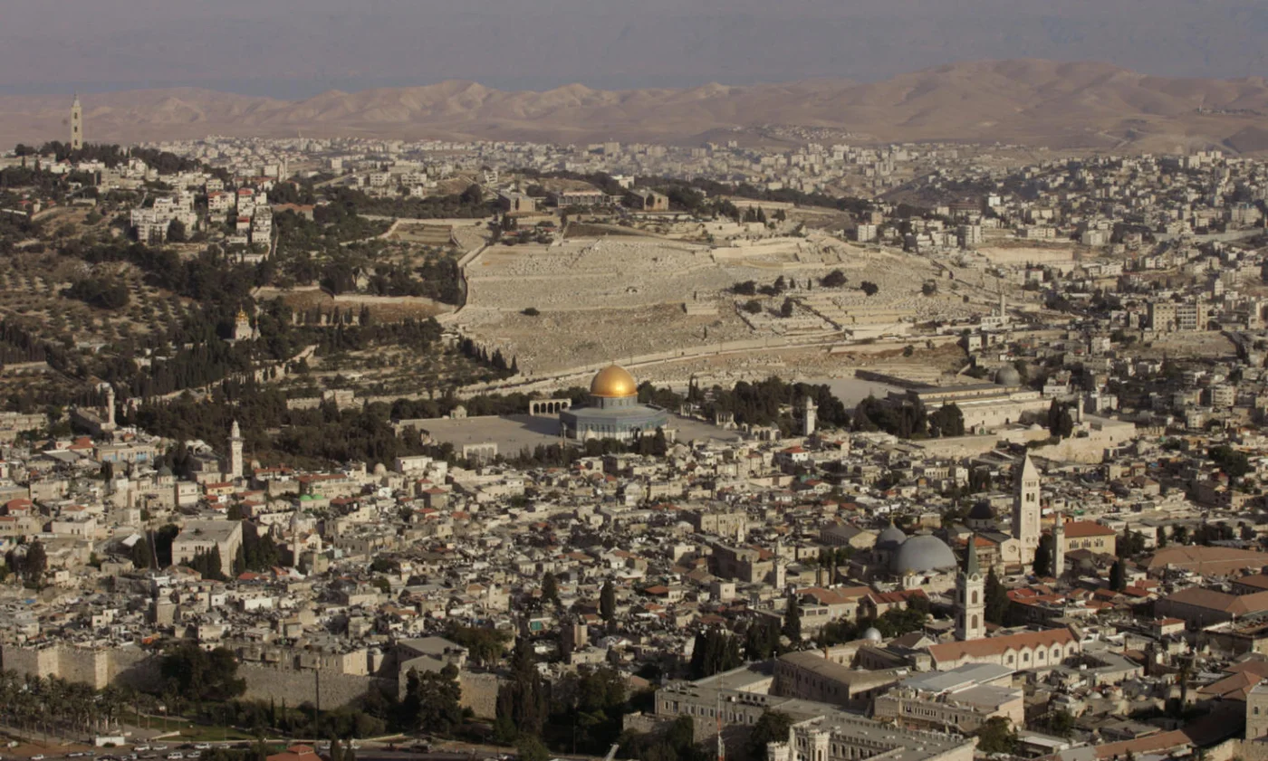 The Old City of Jerusalem: To the right of the Dome of the Rock is Al-Aqsa Mosque. The grey dome (bottom right) is the Church of the Holy Sepulchre. In the distance is the Mount of Olives (AFP)
