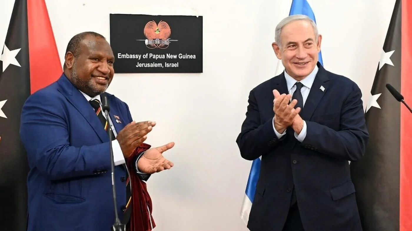 Papua New Guinea PM James Marape and Israeli PM Benjamin Netanyahu open the Papua New Guinea Embassy in Jerusalem in September 2023 (GPO)