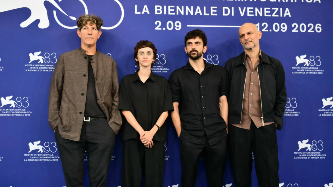 NAZA film-makers at Venice International Film Festival in September 2026, from left, executive producer Jonathan Glazer, co-directors Rachel Szor and Yuval Abraham and producer James Wilson (AFP)