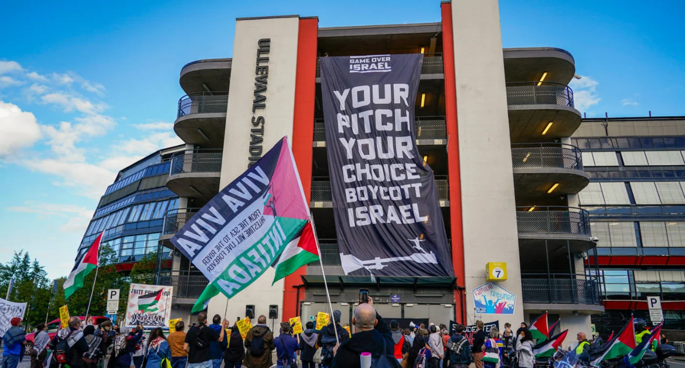 Members of the Action Group for Palestine demonstrate outside the Ullevaal Stadium, Oslo on 17 September 2025, ahead of the World Cup football match between Norway and Israel on 11 October (AFP)