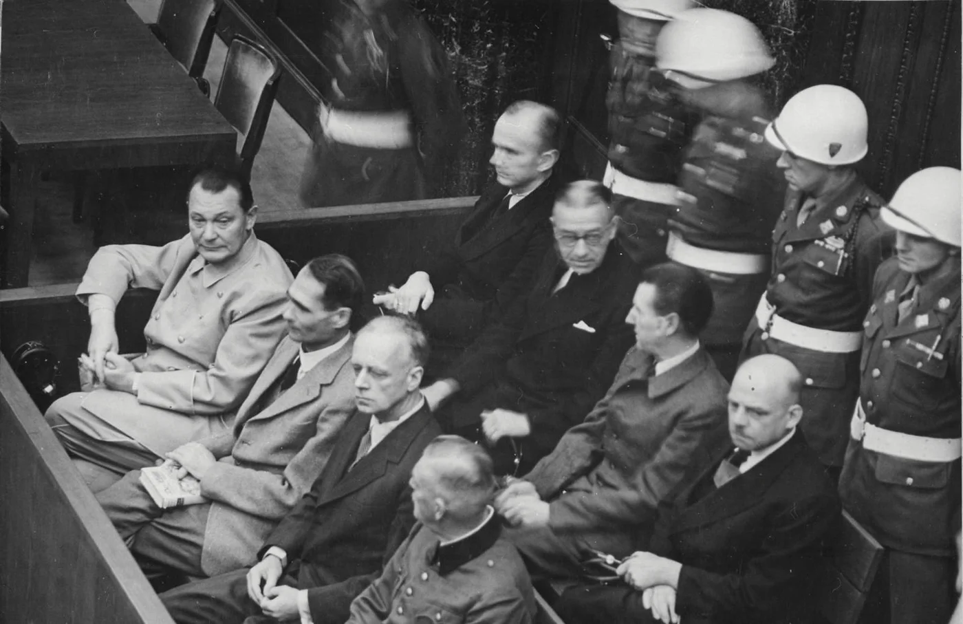Nazi defendants at the Nuremberg Trials, including front row from left, Hermann Goering, Rudolf Hess, Joachim von Ribbentrop, Wilhelm Keitel (Creative Commons)