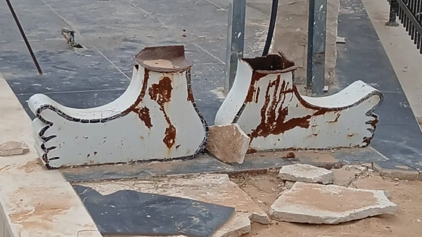 Burqa's Handala statue was destroyed by Israeli soldiers, but they were unable to remove the feet (Supplied)