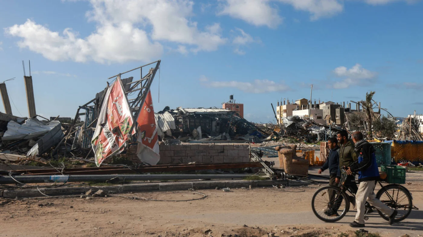 The  rubble of an olive press, destroyed by Israeli bombardment, in central Gaza Strip on 7 March 2024 (AFP)