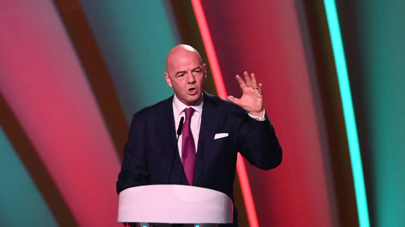 FIFA President Gianni Infantino speaks during the draw for the 2022 World Cup in Qatar on 1 April 2022 (AFP) 