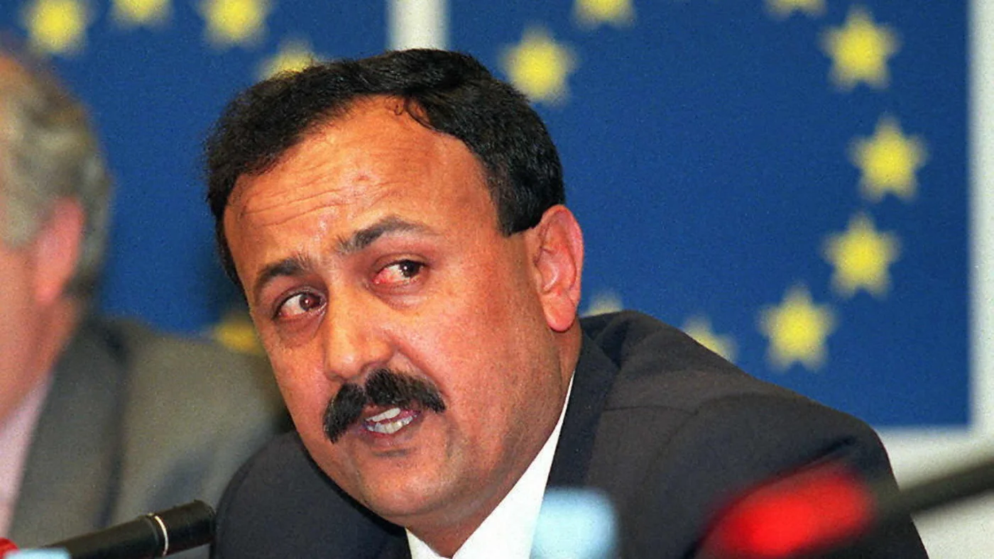 Marwan Al-Barghouti answers questions during a press conference at the European parliament in Strasbourg, France, on 19 February 1997 (AFP) 