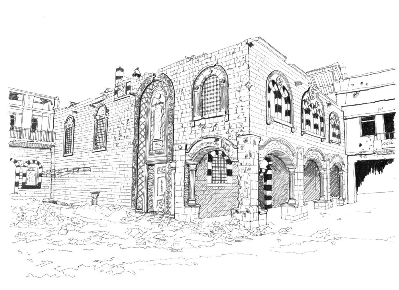 The Church of the Belt-of-the-Virgin Mary in Homs, whose main entrance was damaged by the fighting (Marwa al-Sabouni)