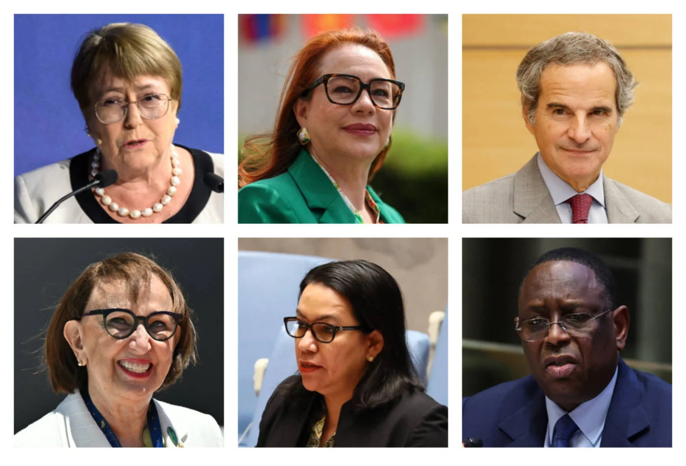 The candidates are, from top left: Michelle Bachelet, Maria Fernanda Espinosa, Rafael Grossi, Rebeca Grynspan, Carolyn Rodrigues-Birkett, Macky Sall (Senegal), all photos AFP