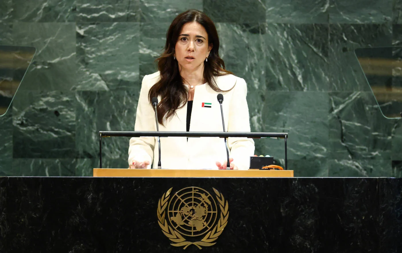 Lana Nusseibeh addresses the United Nations General Assembly at UN HQ in New York in September 2025 (AFP)