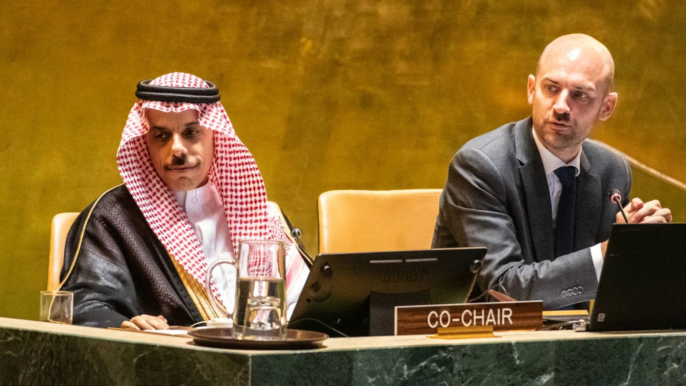 Saudi Arabia's foreign minister, Faisal bin Farhan al-Saud, and French foreign minister Jean-Noel Barrot chair the Palestine conference at the UN on 29 July 2025 (AFP)