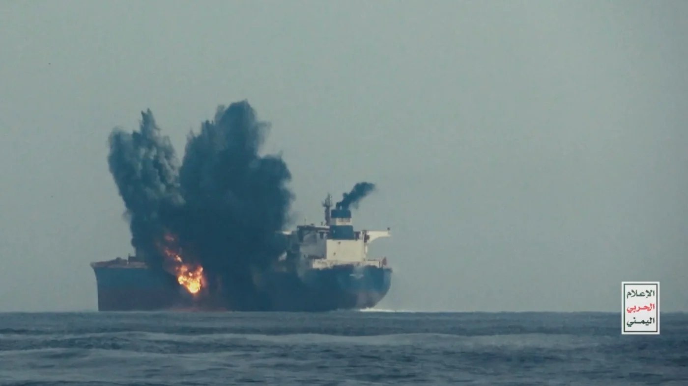 The vessel Cordelia Moon is hit by a Houthi missile off Hodeidah Port, Yemen in October 2025 (Reuters)