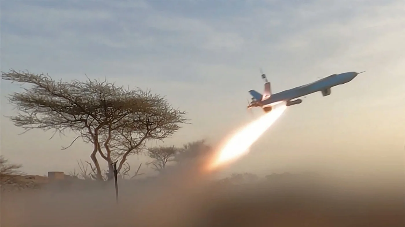 This screen grab released in August 2026 by the Houthi platform Ansarullah Media Centre shows a drone being launched towards what the Houthis said were Saudi troops (AMC/AFP)