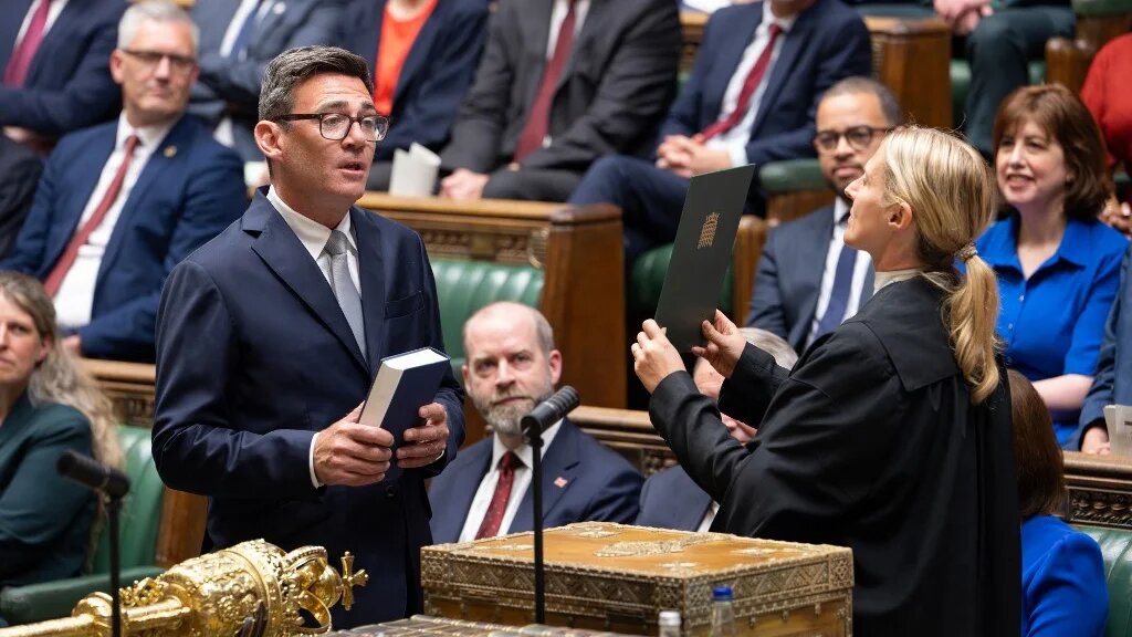 The new Labour Party MP for Makerfield, Andy Burnham, being sworn in after his win in the recent by-election, in the House of Commons in London on May 22, 2026. (AFP)