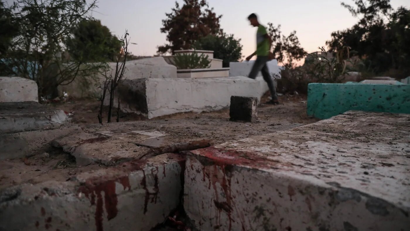 The blood stains of five children killed by a suspected Israeli air strike inside Falluja cemetery in the northern Gaza Strip on 7 August 2022 (MEE/Mohammed al-Hajjar)