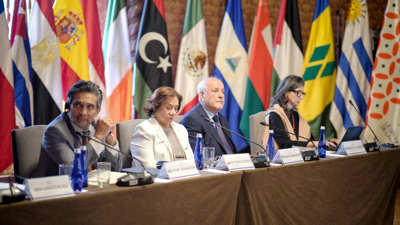 In this file photo, state representatives from South Africa and Colombia chair the opening conference of The Hague Group summit in Bogota, 15 July 2025 (Progressive International)