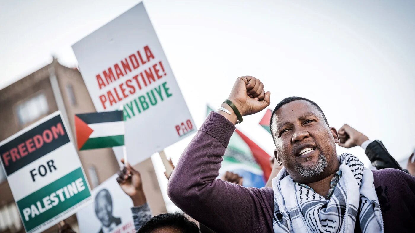 Former South African President Nelson Mandela's grandson, Chief Mandla Mandela joins hundreds of demonstrators at an inter-denominational march of members of pro-Palestinian groups and other civil society organisations during the holy month of Ramadan in Durban on June 2, 2018 (AFP)