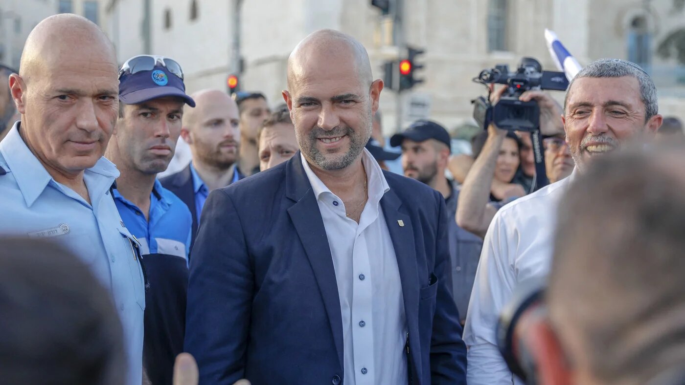 Amir Ohana takes part in Jerusalem Day celebrations near the old city walls on 21 May 2020 (AFP)