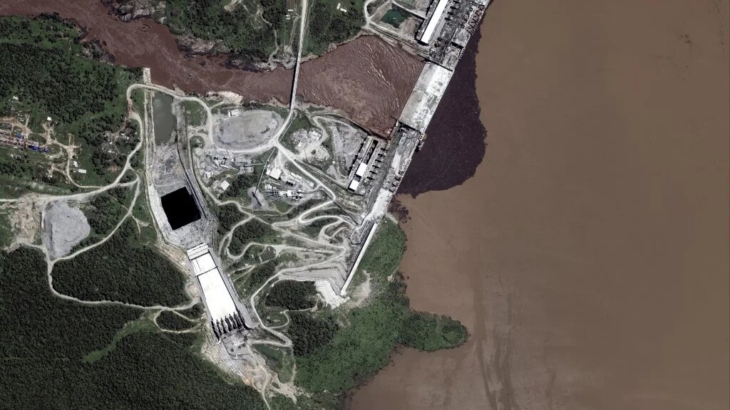 Image satellite du 21 juillet 2020 montrant l’état du Grand barrage de la renaissance au niveau de la jonction avec le Nil Bleu, au nord-ouest de l’Éthiopie, le 11 juillet 2020 (AFP/Maxar Technologies)